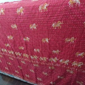 Kantha Reversible Indian Cotton Hand Stitched Boho Blanket Elephants 55X82
